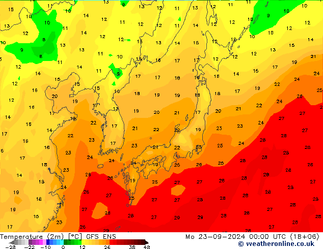 Temperature (2m) GFS ENS Mo 23.09.2024 00 UTC