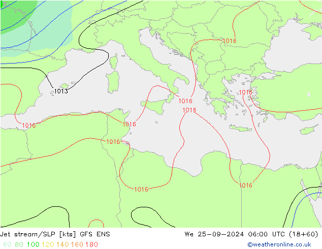 Jet stream/SLP GFS ENS We 25.09.2024 06 UTC