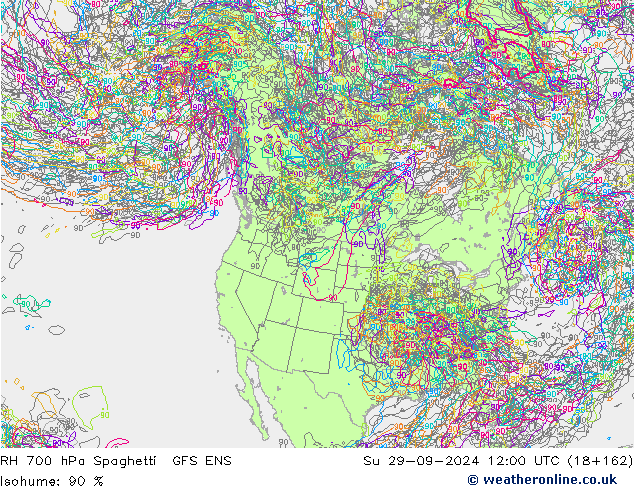 RH 700 hPa Spaghetti GFS ENS Dom 29.09.2024 12 UTC