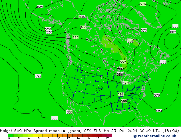 Height 500 hPa Spread GFS ENS 星期一 23.09.2024 00 UTC