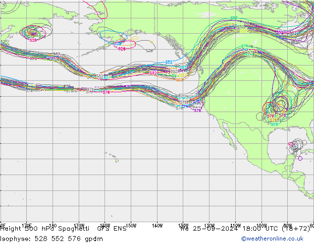 Height 500 hPa Spaghetti GFS ENS We 25.09.2024 18 UTC