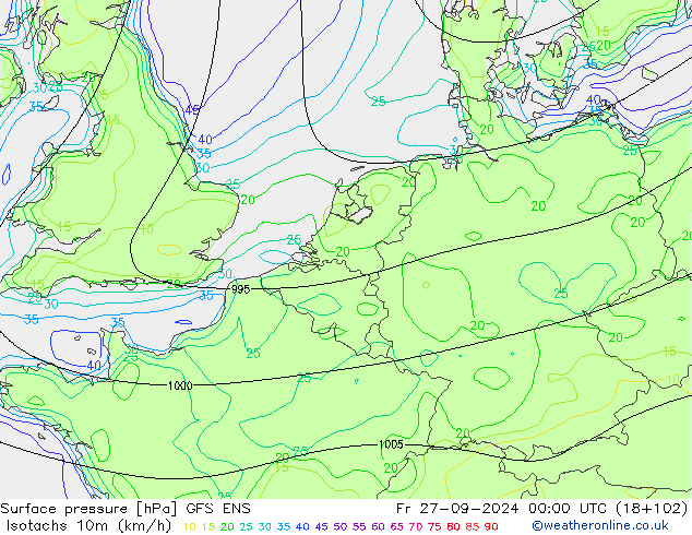 Isotachs (kph) GFS ENS Sex 27.09.2024 00 UTC