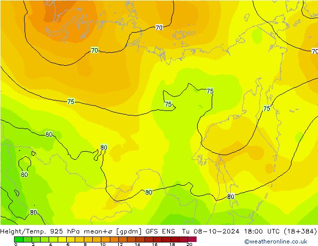 Height/Temp. 925 hPa GFS ENS Út 08.10.2024 18 UTC