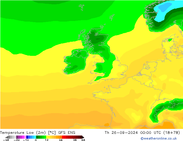 Temperatura mín. (2m) GFS ENS jue 26.09.2024 00 UTC