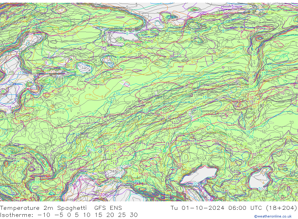 Temperature 2m Spaghetti GFS ENS Út 01.10.2024 06 UTC