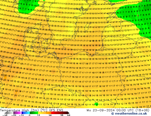 Nejvyšší teplota (2m) GFS ENS Po 23.09.2024 00 UTC