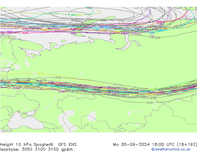 Height 10 hPa Spaghetti GFS ENS Mo 30.09.2024 18 UTC