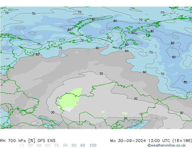 RH 700 hPa GFS ENS pon. 30.09.2024 12 UTC