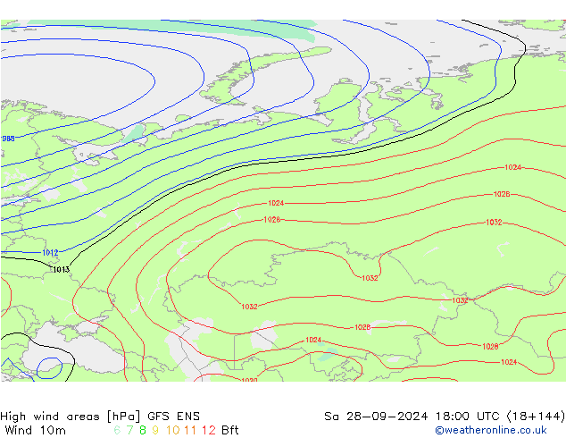 High wind areas GFS ENS сб 28.09.2024 18 UTC