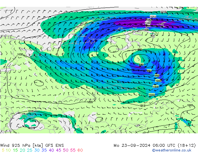 Vento 925 hPa GFS ENS lun 23.09.2024 06 UTC