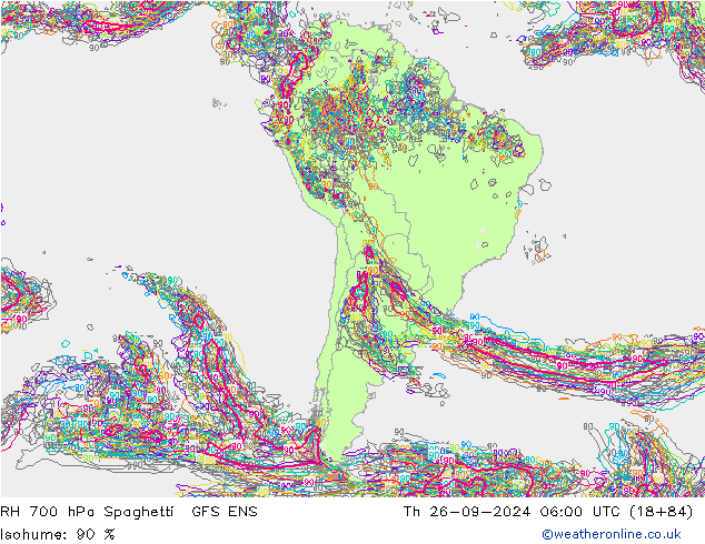 Humidité rel. 700 hPa Spaghetti GFS ENS jeu 26.09.2024 06 UTC