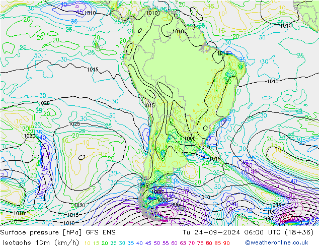 Eşrüzgar Hızları (km/sa) GFS ENS Sa 24.09.2024 06 UTC