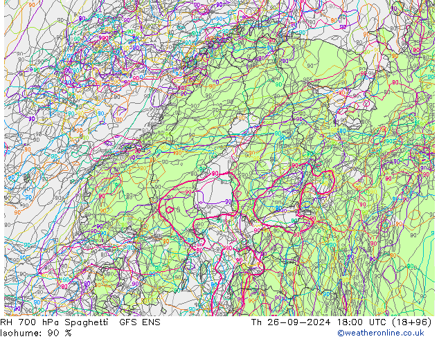 Humidité rel. 700 hPa Spaghetti GFS ENS jeu 26.09.2024 18 UTC