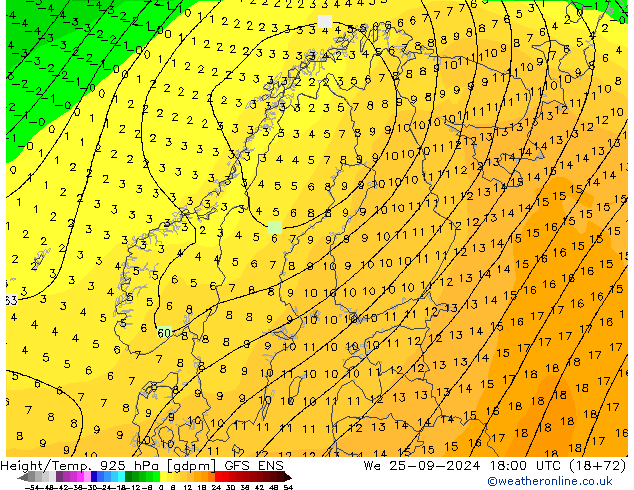 Height/Temp. 925 hPa GFS ENS We 25.09.2024 18 UTC