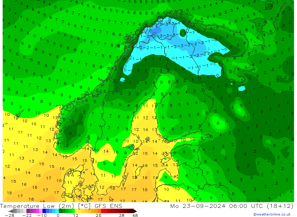 Temperature Low (2m) GFS ENS Mo 23.09.2024 06 UTC