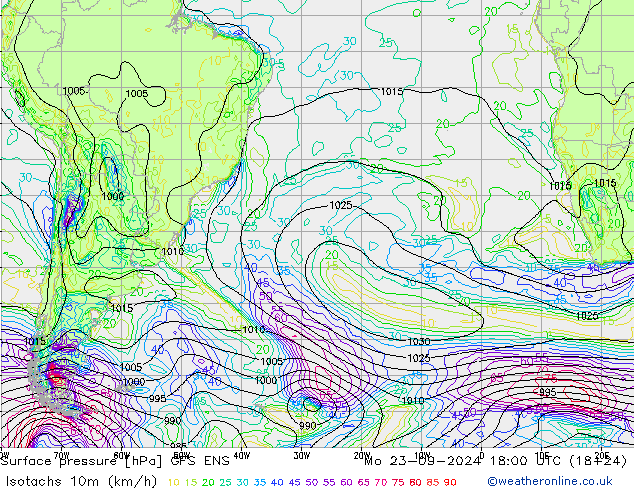 Isotachen (km/h) GFS ENS Mo 23.09.2024 18 UTC