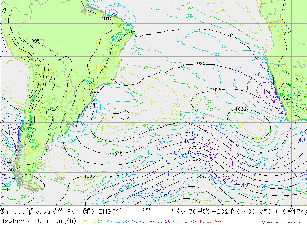 Isotachs (kph) GFS ENS Mo 30.09.2024 00 UTC