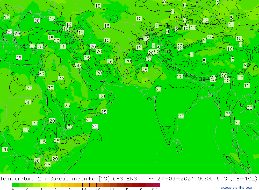 Temperatuurkaart Spread GFS ENS vr 27.09.2024 00 UTC