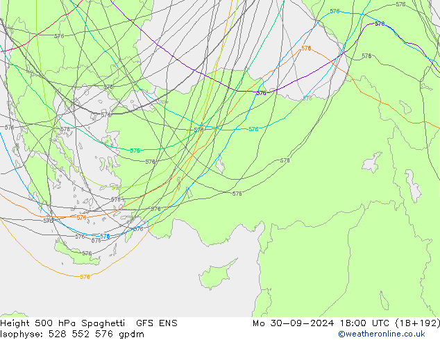 Height 500 hPa Spaghetti GFS ENS Mo 30.09.2024 18 UTC