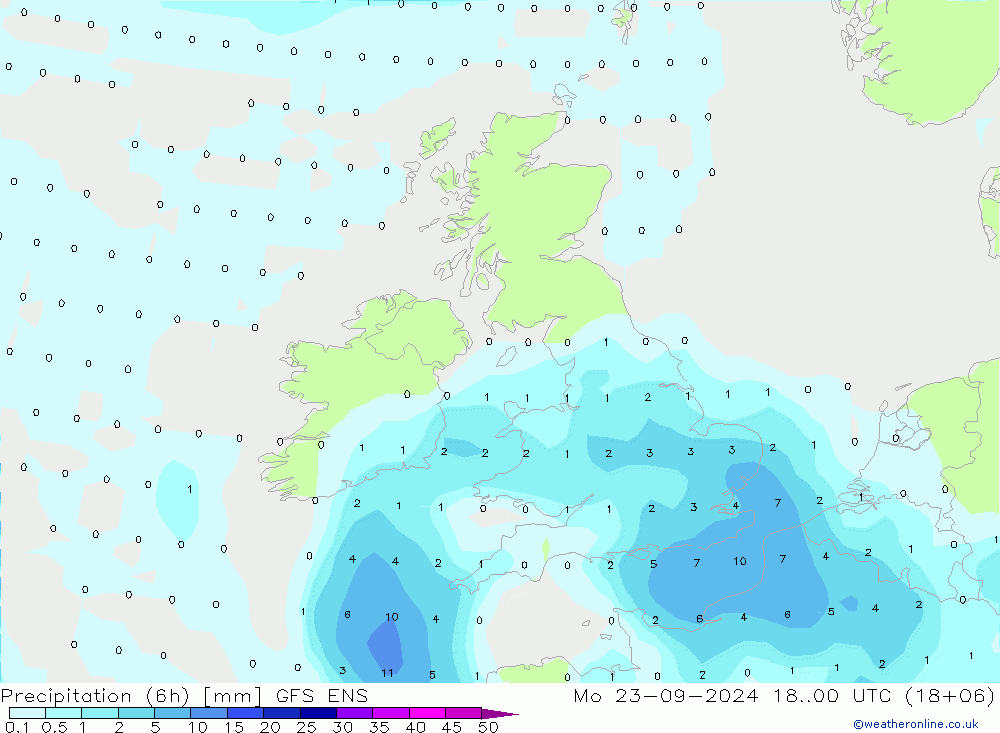 Totale neerslag (6h) GFS ENS ma 23.09.2024 00 UTC