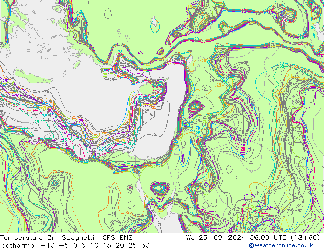 température 2m Spaghetti GFS ENS mer 25.09.2024 06 UTC