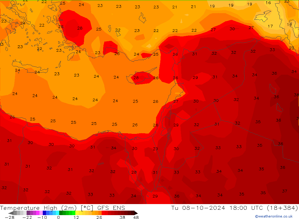 Temp. massima (2m) GFS ENS mar 08.10.2024 18 UTC