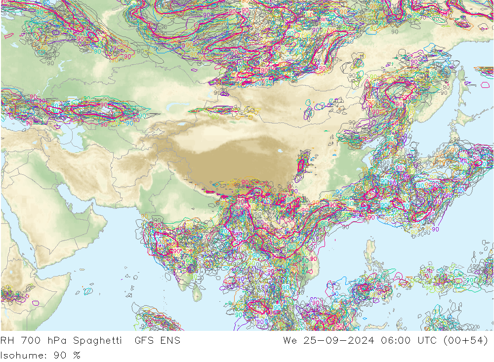 Humidité rel. 700 hPa Spaghetti GFS ENS mer 25.09.2024 06 UTC