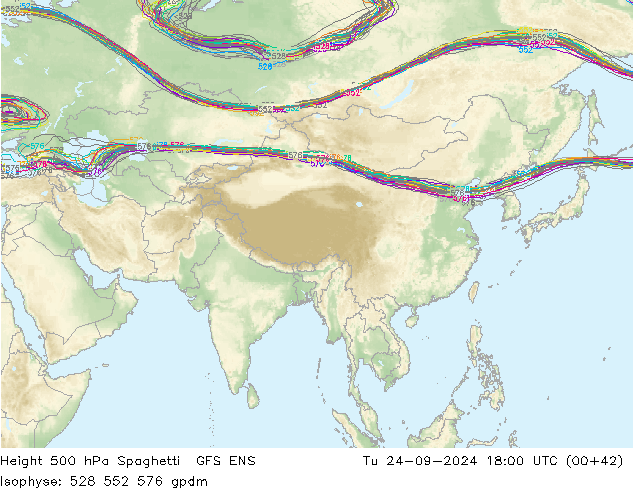 Height 500 hPa Spaghetti GFS ENS Di 24.09.2024 18 UTC