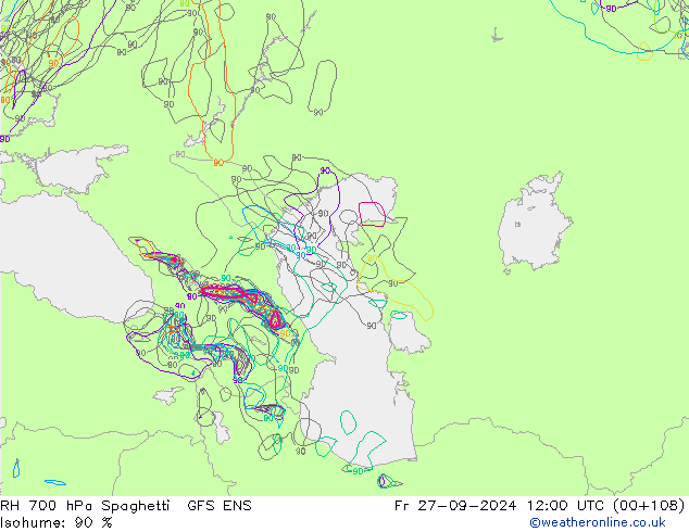 RH 700 гПа Spaghetti GFS ENS пт 27.09.2024 12 UTC