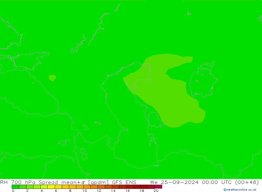 RH 700 hPa Spread GFS ENS  25.09.2024 00 UTC