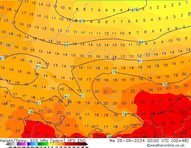 Yükseklik/Sıc. 925 hPa GFS ENS Çar 25.09.2024 00 UTC