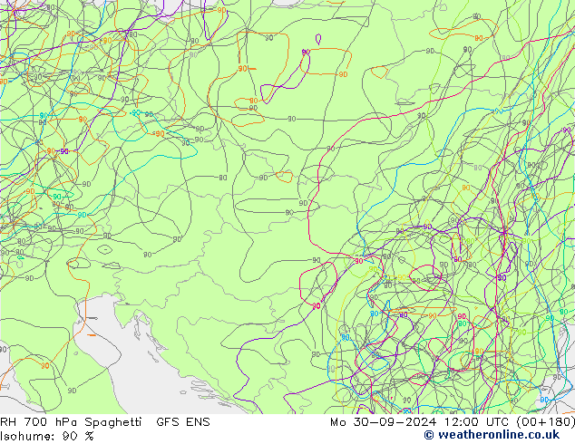 RH 700 hPa Spaghetti GFS ENS Mo 30.09.2024 12 UTC