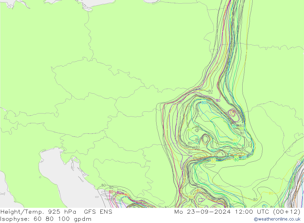 Height/Temp. 925 hPa GFS ENS Mo 23.09.2024 12 UTC