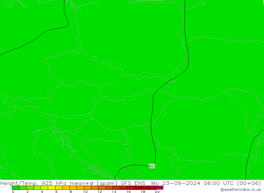 Height/Temp. 925 hPa GFS ENS Mo 23.09.2024 06 UTC