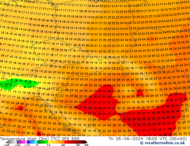 Temp. massima (2m) GFS ENS gio 26.09.2024 18 UTC