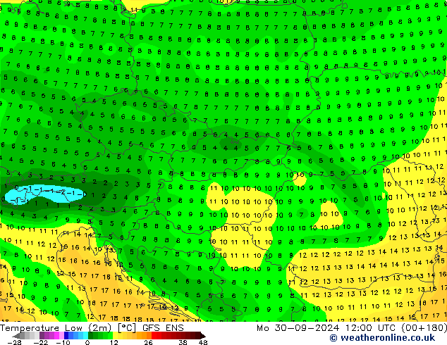 Min.temperatuur (2m) GFS ENS ma 30.09.2024 12 UTC