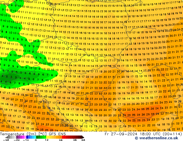 mapa temperatury (2m) GFS ENS pt. 27.09.2024 18 UTC