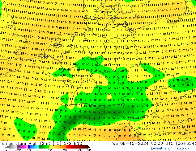 Temp. massima (2m) GFS ENS mer 09.10.2024 00 UTC