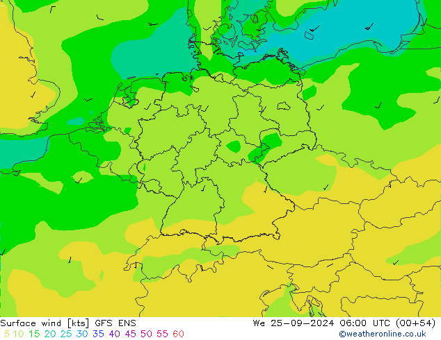 wiatr 10 m GFS ENS śro. 25.09.2024 06 UTC