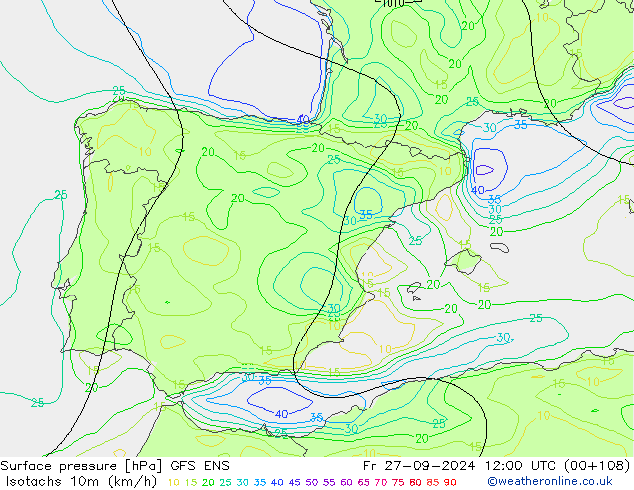 Isotachs (kph) GFS ENS Fr 27.09.2024 12 UTC