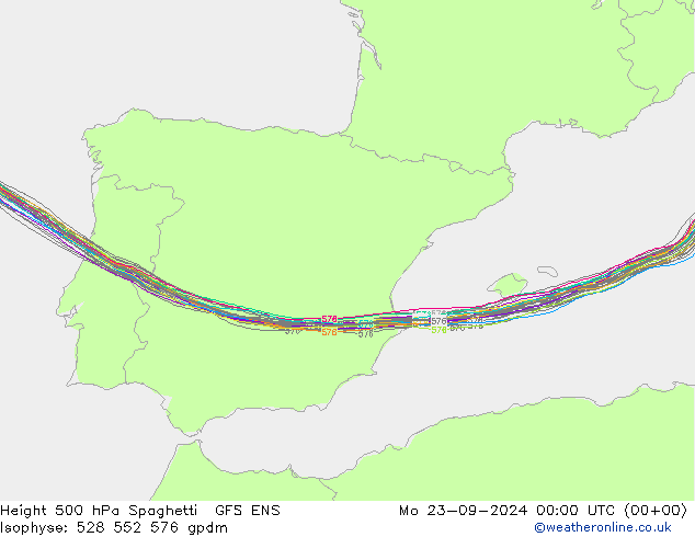 Height 500 hPa Spaghetti GFS ENS Seg 23.09.2024 00 UTC