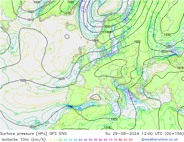 Eşrüzgar Hızları (km/sa) GFS ENS Paz 29.09.2024 12 UTC