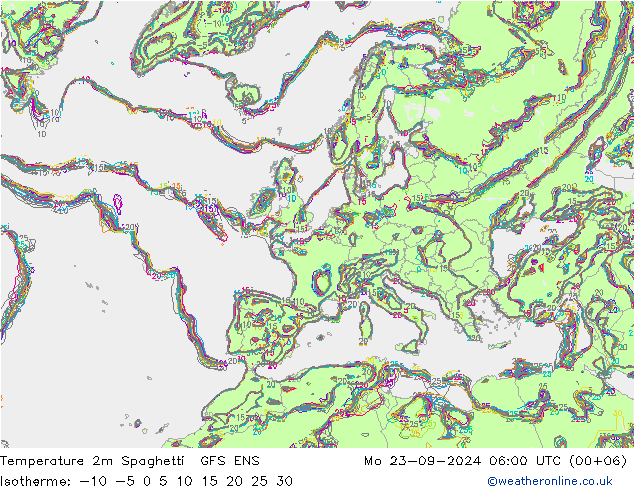 température 2m Spaghetti GFS ENS lun 23.09.2024 06 UTC