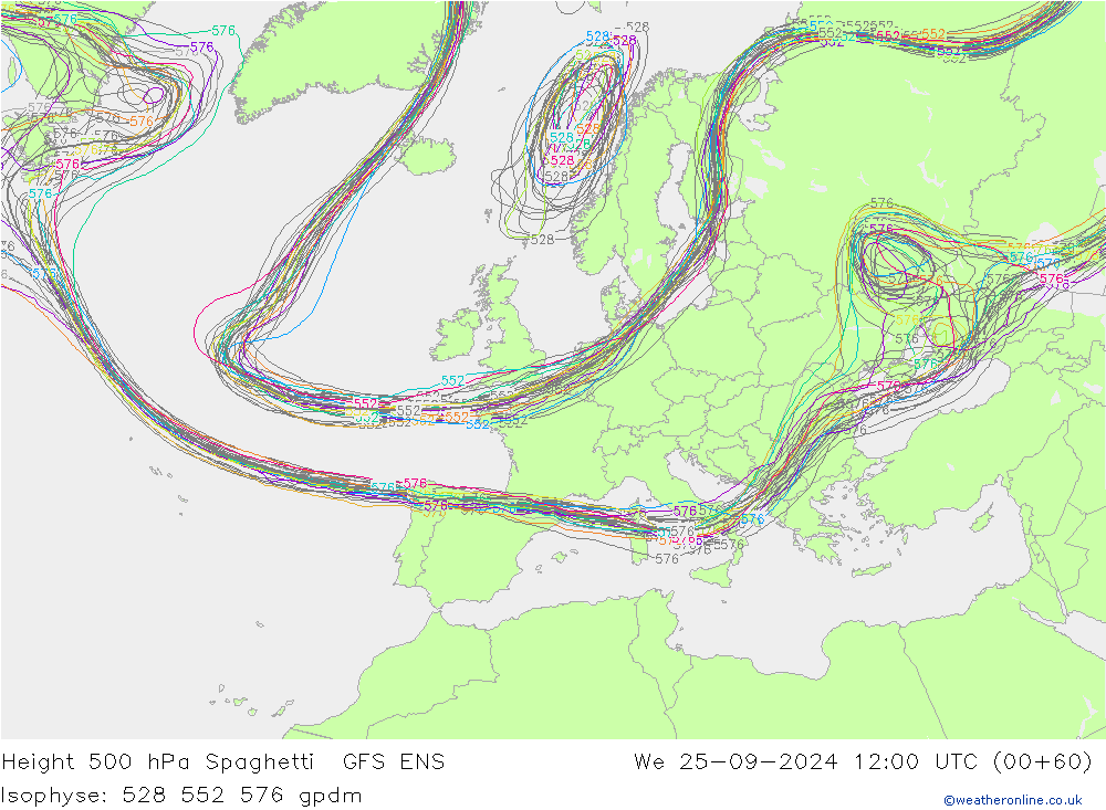 500 hPa Yüksekliği Spaghetti GFS ENS Çar 25.09.2024 12 UTC