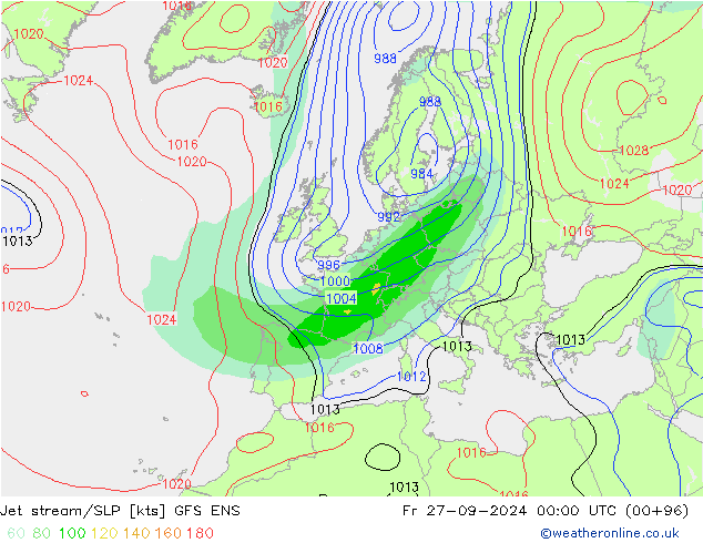 Jet stream/SLP GFS ENS Fr 27.09.2024 00 UTC