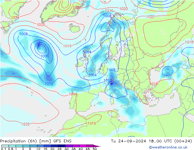 Precipitation (6h) GFS ENS Út 24.09.2024 00 UTC