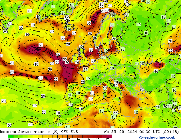 Isotachs Spread GFS ENS mer 25.09.2024 00 UTC