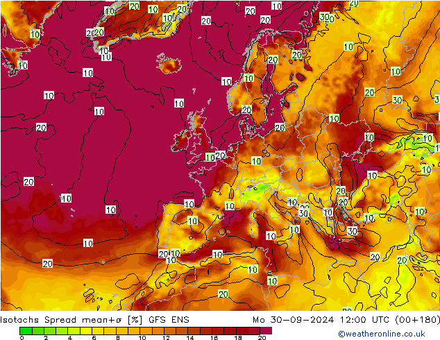 Izotacha Spread GFS ENS pon. 30.09.2024 12 UTC