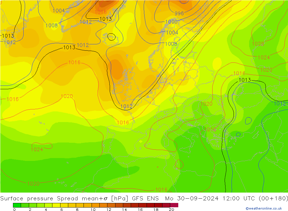 Surface pressure Spread GFS ENS Mo 30.09.2024 12 UTC