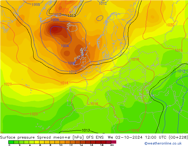 Surface pressure Spread GFS ENS We 02.10.2024 12 UTC